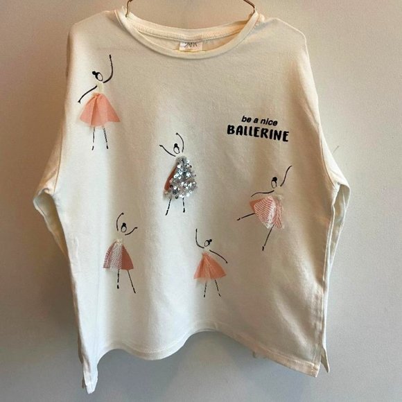 🩰HP!🩰 Zara Girls' Off-White Ballerina T-shirt - Picture 1 of 6